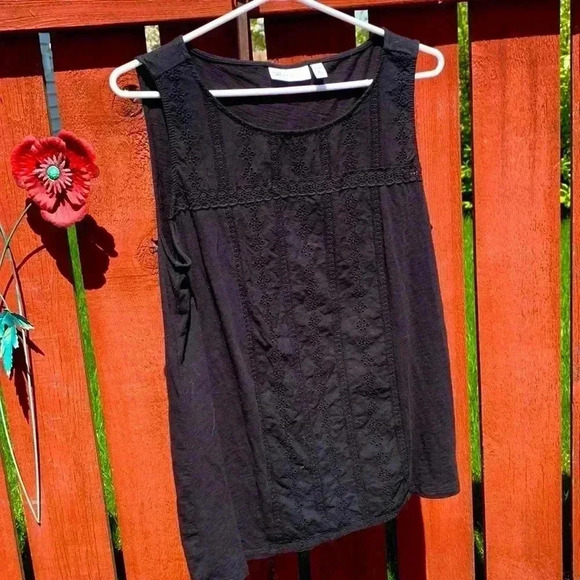 Rafaella Tops - RAFAELLA deep  black summer tunic with lace panel on the front, cotton/modal